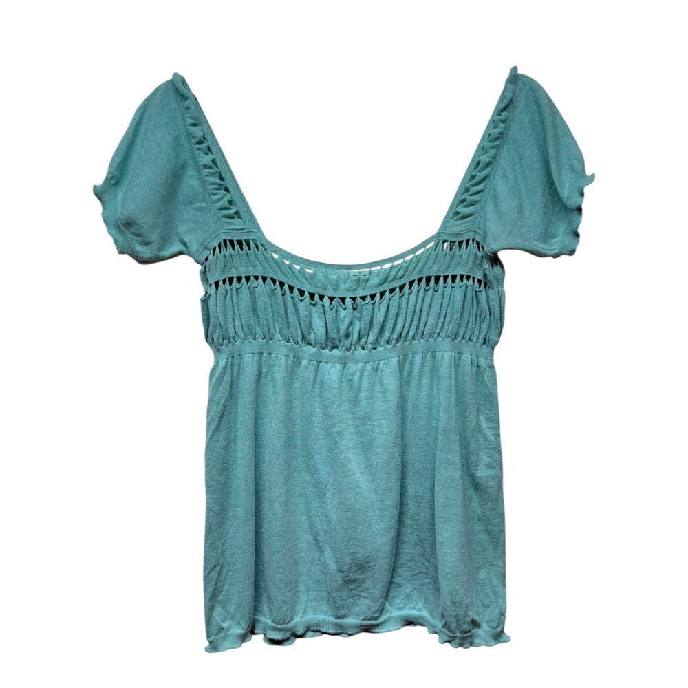 Y2K Babydoll Top Women Sz 8 Empire Waist Cut Out Teal Blue Fairy Coquette Grunge